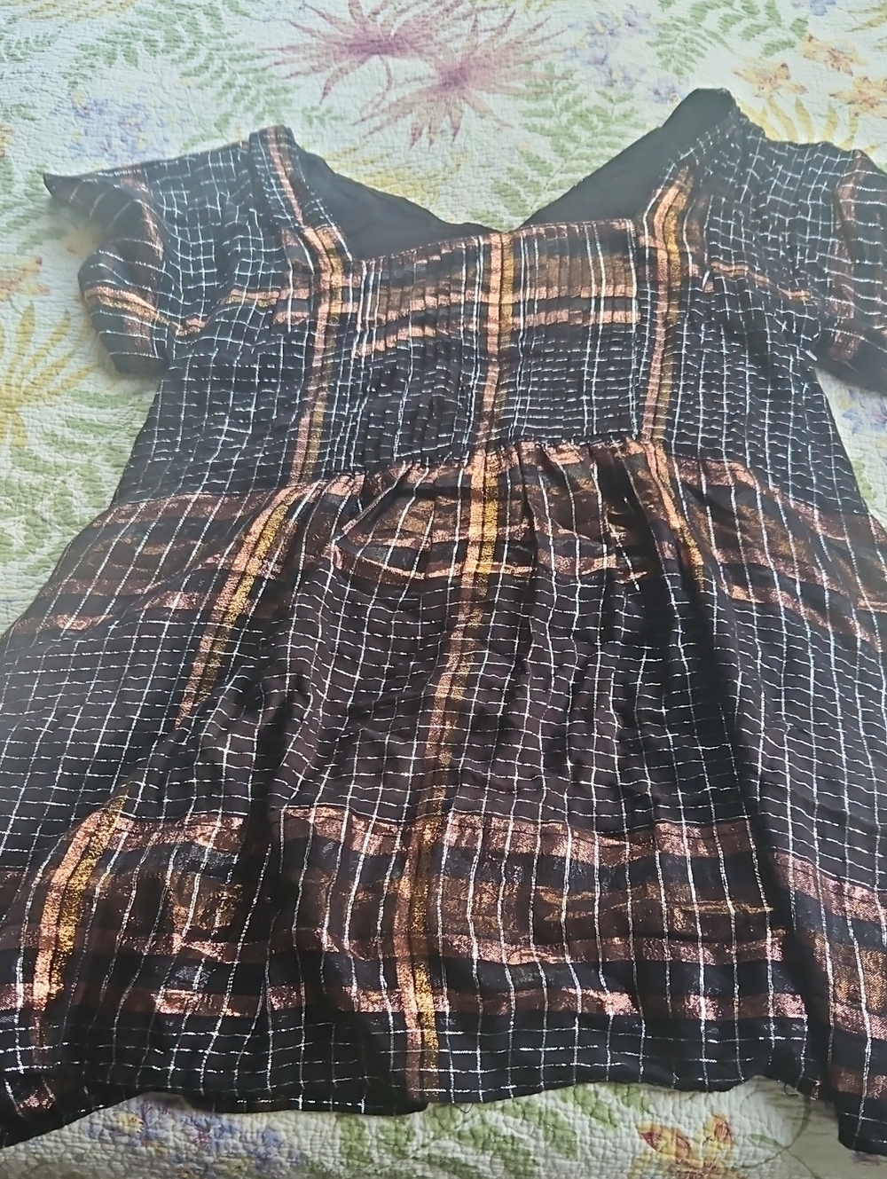 Free People Black Midi Dress with Metallic Copper Plaid